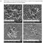 Figure 4: SEM images of Al 6061 matrix alloy and its TiO2 (2, 4 and 6 wt %) Composites taken after polarization studies in 0.5N NaCl medium