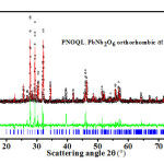 Figure 5 Open circle symbols (black colour), giving XRD data for PNOQL at 590°C, fit closely the Rietveld refined plot (the continuous curve in the main graph, red colour). Their difference is shown by the continuous curve in the smaller-sized graph (green colour). The vertical bars (blue colour) in the main graph are the calculated peak positions.