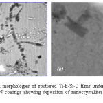 Fig 3: (a) Different growth morphologies of sputtered Ti-B-Si-C films under optical microscope and (b) TEM micrograph of Si-C-N coatings showing deposition of nanocrystallites of size 50nm – reproduced with permission [4]