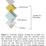 Figure 3. Schematic diagram showing the assembly of a micro-hotplate (micro-heater) with the deposited SnO2 film. Electrode was screen printed on the top of LTCC substrate (3mm x 3mm) in a specific pattern and the heater on the rear side. Film was deposited on the electrode (leaving the testing pads idle) by screen printing technique (using 200 mesh mask suitably covered  to get the desired layout of the film).