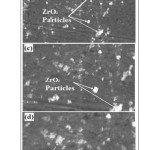Fig. 3: SEM micrograph of Al6082/ZrO2 surface composite (a) Base material (b) 5% Vol. ZrO2 (c) 10% Vol. ZrO2 (d) 15% Vol. ZrO2