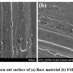 Fig. 8: SEM images of worn out surface of (a) Base material (b) FSPed-Al/ZrO2-15%