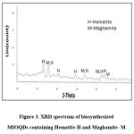 Figure 3. XRD spectrum of biosynthesized MIOQDs containing Hematite-H and Maghamite- M