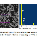 Figure 8: SEM-EDX image of Barium Bismuth Titanate after milling ofprecursors BaO:Bi2O3:TiO2 in 1:2:4 molar ratio for 25 hours followed by annealing at 700°C for 8 hours.